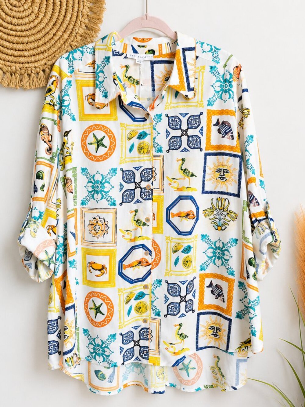 Jane & Delancey NEW Postcard Print Linen Blend Button Front Shirt SZ 2X Resort